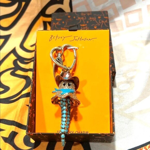 Betsey Johnson Gold Keychain Ghost Cowboy Bag Charm Rhinestone - NWT - Picture 1 of 9